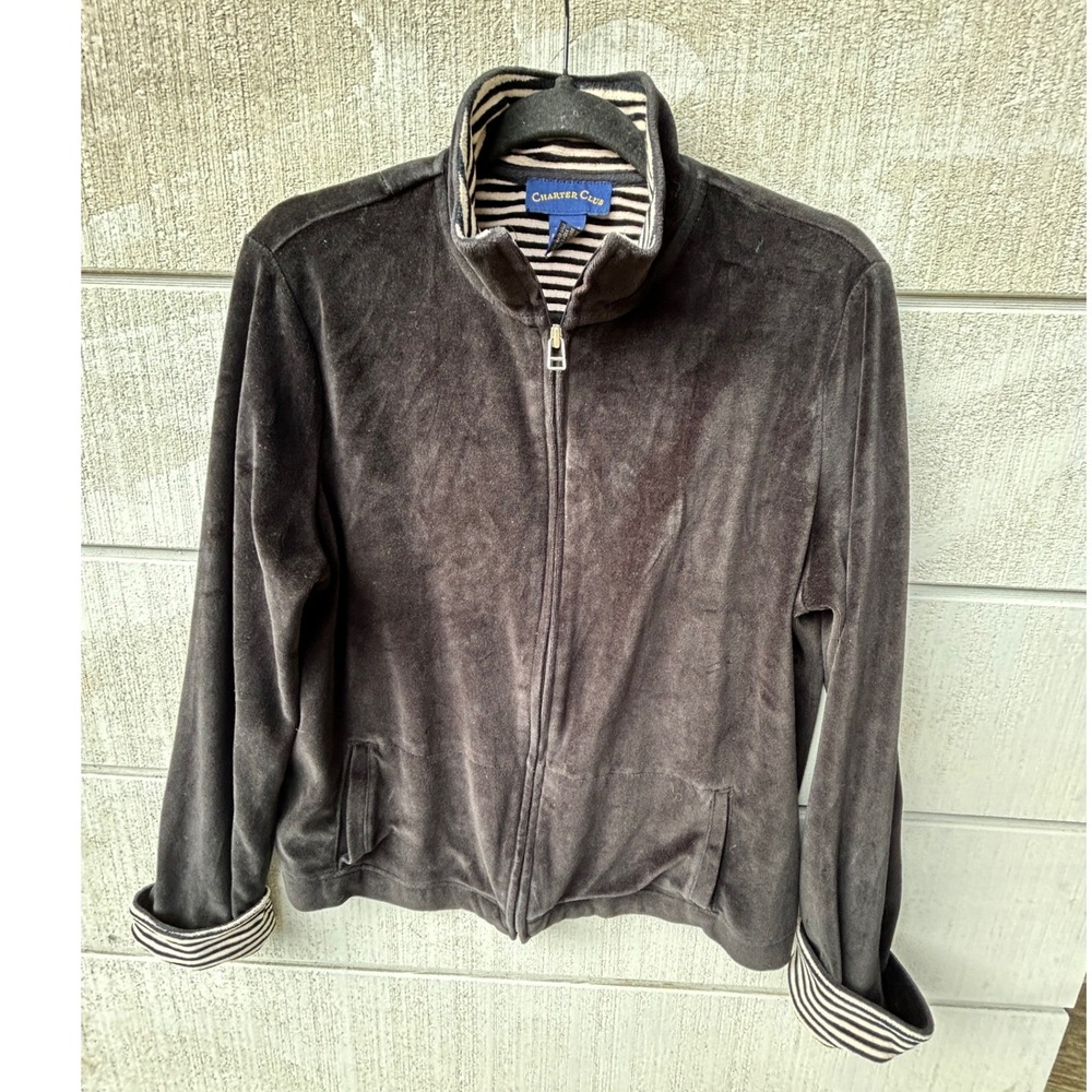 Charter Club Velour Jacket Black Striped Trim